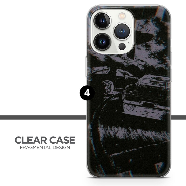 Puede incluir: Carcasa transparente para tel&eacute;fono con un dise&ntilde;o gr&aacute;fico en blanco y negro de dos coches. El dise&ntilde;o tiene un efecto de glitch.