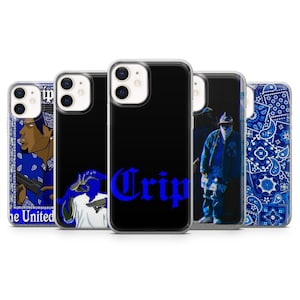 May include: Set of five phone cases featuring a blue and white bandana pattern, a cartoon character, a person wearing a blue bandana and jacket, and the word "Crip" in blue lettering.