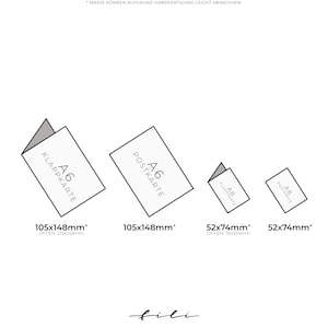 May include: A diagram showing the different sizes of paper cards, including A6 postcard, A6 folded card, A8 postcard, and A8 folded card. The dimensions of each card are listed in millimeters.