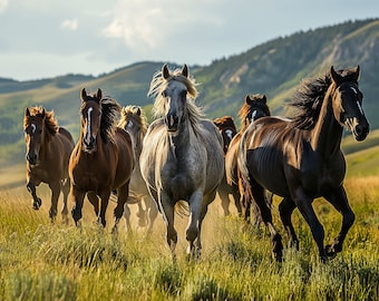 May include: A herd of horses running through a grassy field with rolling hills in the background. The horses are all different colors, including brown, black, white, and gray.