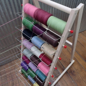 Folding Maple 24 Spool Weaving Warp Yarn Rack.  Stainless Pigtail Guides