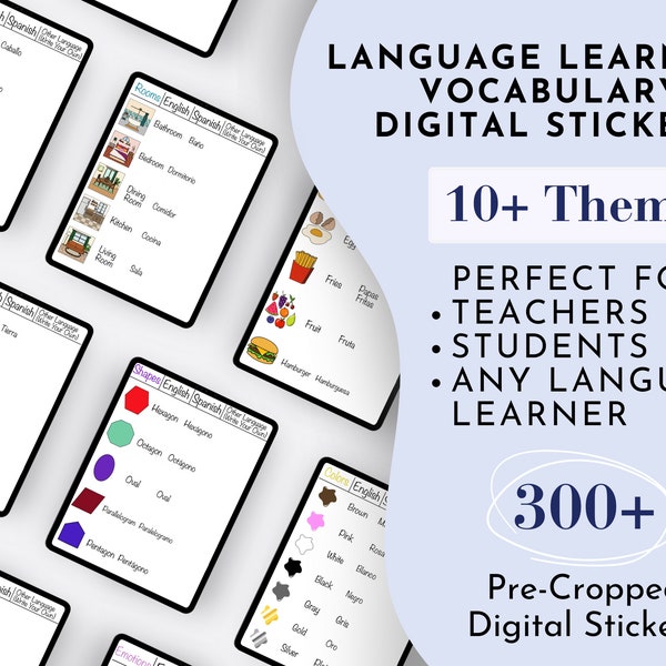 Foreign Language Learning Vocabulary Digital Stickers For Teachers and Students | ESL Pre-Cropped Goodnotes PNG JPG Files | Spanish Lessons