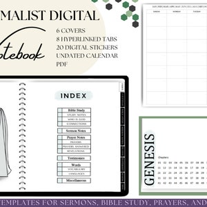 May include: A digital notebook with a minimalist design. The notebook includes 6 covers, 8 hyperlinked tabs, 20 digital stickers, and an undated calendar. It features templates for sermons, Bible study, prayers, and more. The notebook is in PDF format.