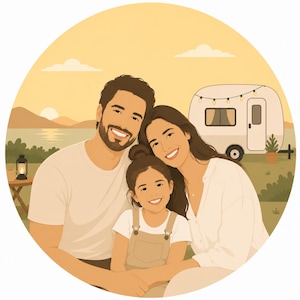 May include: A digital illustration of a family of three, including two adults and a child, posing together. The background features a white camper trailer, a sunset over a lake, and mountains. The color palette consists of warm beige, cream, and soft orange tones.