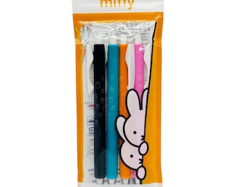 May include: A package of four Miffy-themed pens. The pens are black, turquoise, orange, and pink. The package is yellow and has the word "Miffy" printed on it. The pens are labeled "SARASANANO" and "4-color fine-line".