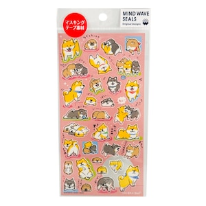 May include: A sheet of Mind Wave Seals masking tape material stickers featuring various illustrations of Shiba Inu dogs in yellow, brown, and grey colors. The stickers show the dogs in different poses, including sitting, playing, and sleeping, on a pink background.