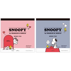 May include: Two square memo pads featuring Snoopy and Woodstock. The left pad is pink with Snoopy at a red mailbox. The right pad is blue with Snoopy at a typewriter. Both pads display the text SNOOPY by CHARLES M. SCHULZ, MEMO PAD, 100 Sheets, 4 Designs.