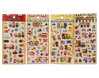 Mind Wave Wakuwaku Workers 4 Sticker Sets - (Restaurant, Flower Shop, Furniture Store, Vegetable Store)
