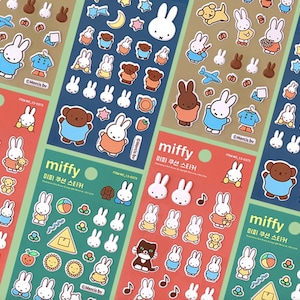 May include: A set of colorful sticker sheets featuring the character Miffy. The stickers are on a white background and feature various designs, including Miffy in different outfits, animals, and objects. The text "miffy" and "미피 쿠션 스티커" is printed on the sheets.