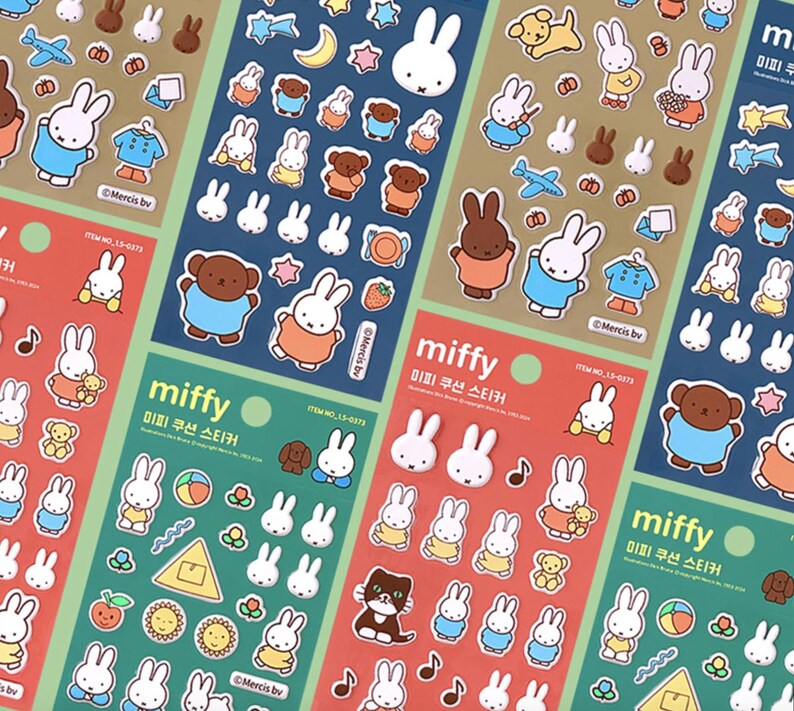 May include: A set of colorful sticker sheets featuring the character Miffy. The stickers are on a white background and feature various designs, including Miffy in different outfits, animals, and objects. The text "miffy" and "미피 쿠션 스티커" is printed on the sheets.