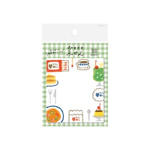 May include: A package of sticky notes with a green and white checkered background. The notes feature colorful illustrations of cafe food items like pancakes, coffee, and desserts. Text in Japanese is visible on the package.