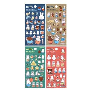 May include: Four sheets of colorful stickers featuring the cartoon character Miffy. Each sheet has a different theme: stars and moon, camping, animals, and music. The stickers are printed on white paper and have a glossy finish.
