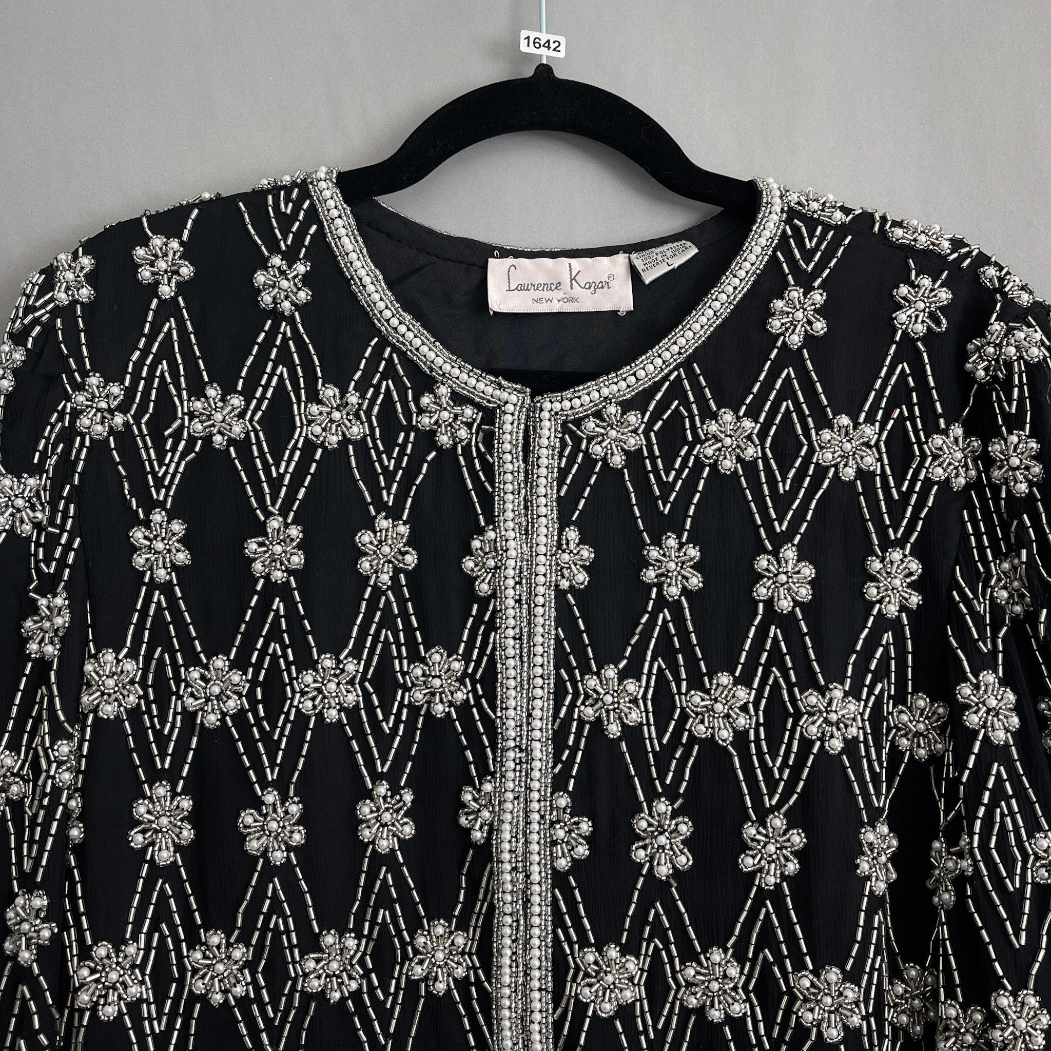 NWT VTG Laurence Kazar Women's Black Red Cropped Beaded Silk Jacket Large main image 1