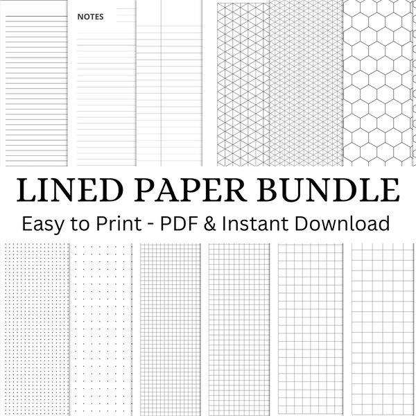 Printable Lined Paper Bundle. Wide Ruled Paper. College Ruled Paper. Dot Grid Paper. Graph Paper. Lined Notes Template. Instant Download PDF