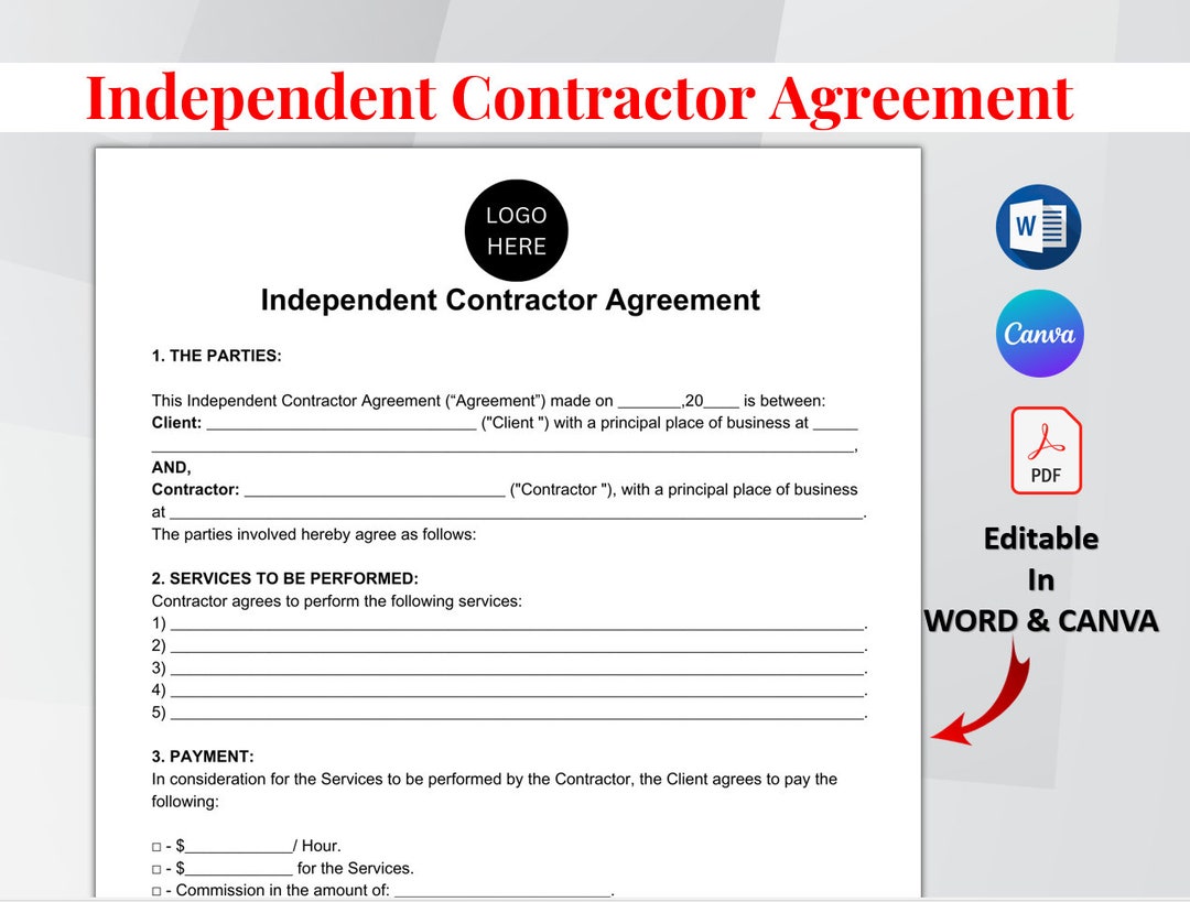 Independent Contractor Agreement. Printable Contract Template. Editable