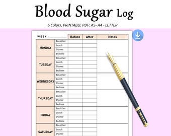 Blood Sugar Log Printable, Blood Pressure Log Printable, Blood Glucose ...