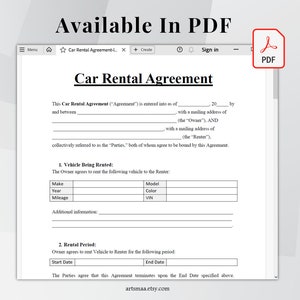 Editable Car Rental Agreement Template, Car Rental Contract, Printable Vehicle Lease Contract, Vehicle Rental Agreement, MS Word 6 PDF Files image 8