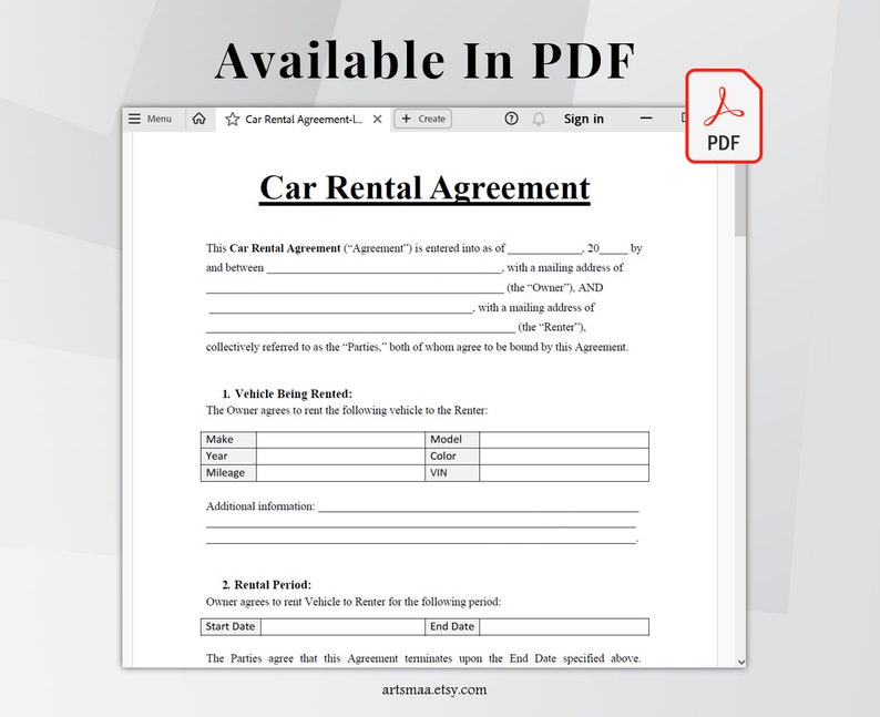 Editable Car Rental Agreement Template, Car Rental Contract, Printable Vehicle Lease Contract, Vehicle Rental Agreement, MS Word 6 PDF Files image 8