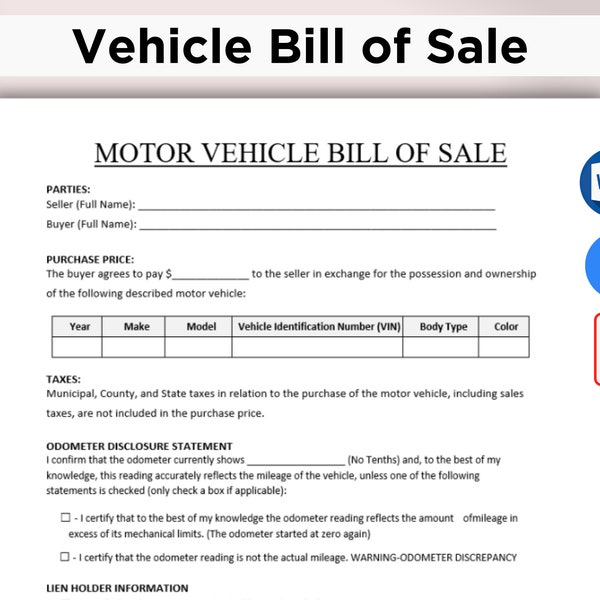 Motor Vehicle Bill of Sale. Printable Car Sale form. Editable Bill of Sale Form Agreement. Auto Bill of Sale Template. Instant Download