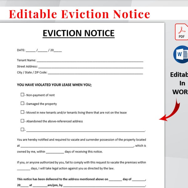 Printable Eviction Notice - Lease termination form - Editable Notice to Vacate Template - Landlord Rental Contract - Instant download