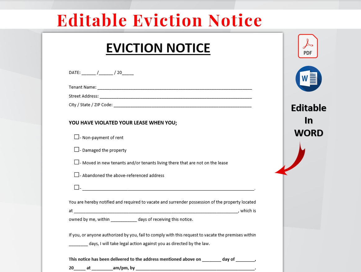 Printable Eviction Notice Lease Termination Form Editable Etsy