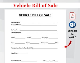 Vehicle Bill of Sale. Car Sale form. Moto Vehicle Bill of Sale. Bill of Sale Form Agreement. WORD & PDF Printable Editable. Instant Download