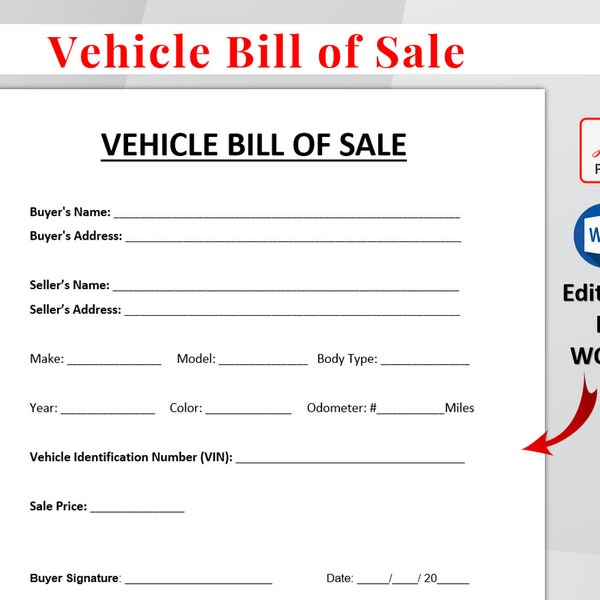 Vehicle Bill of Sale. Car Sale form. Moto Vehicle Bill of Sale. Bill of Sale Form Agreement. WORD & PDF Printable Editable. Instant Download