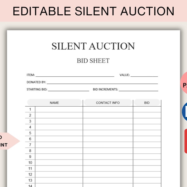 Editable Silent Auction Bid Sheet. Silent Auction Sign-Up Sheet.  Silent Auction Template Printable. Silent Auction Sheet. Auction Bidding