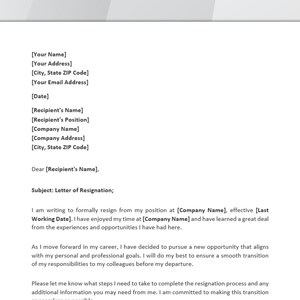 Professional Resignation Letter Template. Editable Letter of ...