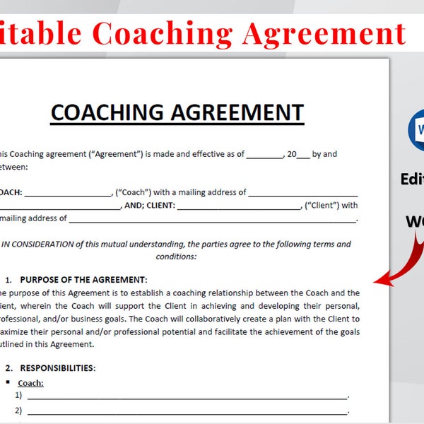 Coaching Agreement. Printable Coaching Contract Template. Coaching Business Service Agreement. Editable Coaching Forms for Coaching Clients.