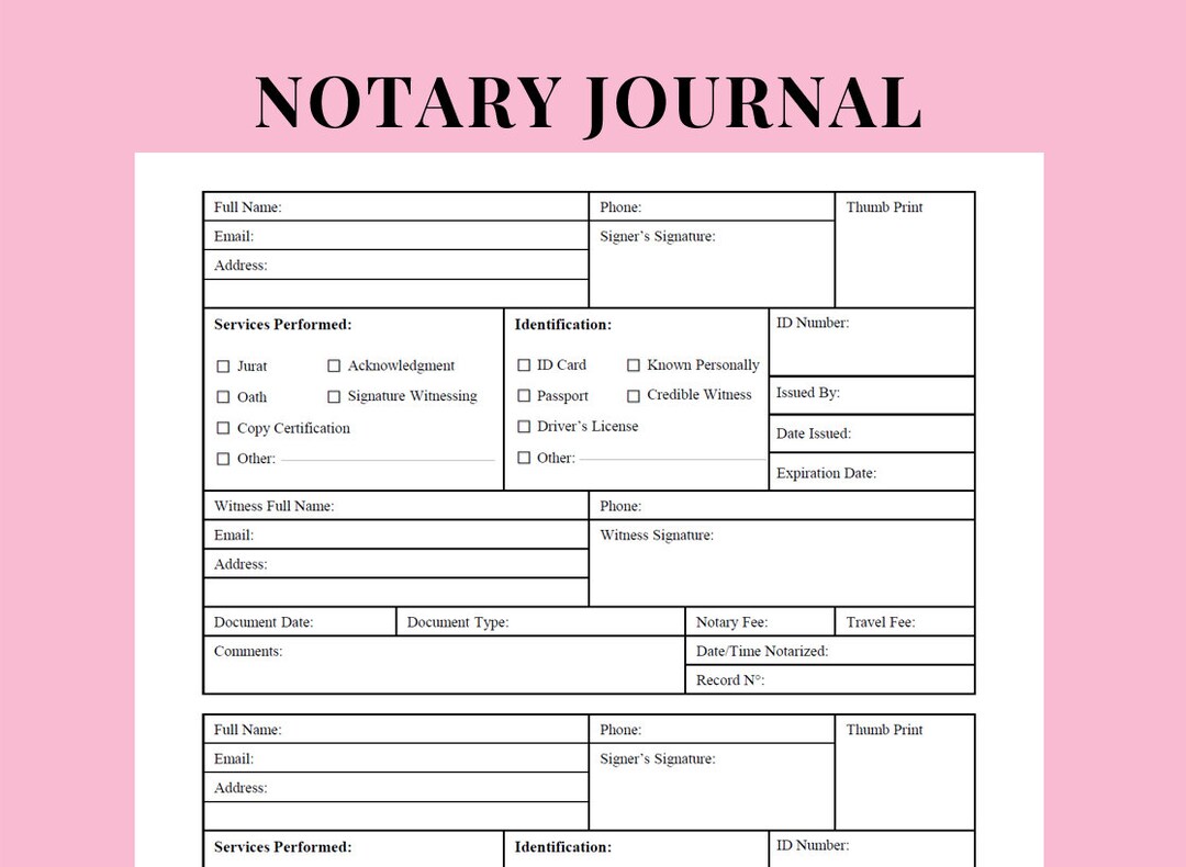 Printable Notary Journal. Notary Log Book. Notary Public Journal to