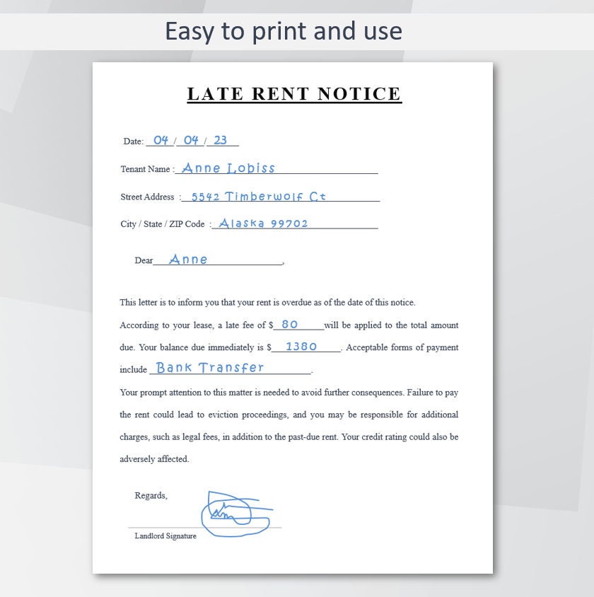 Late Rent Notice Printable Landlord Template Rental Contract Editable Late Rent Payment Form