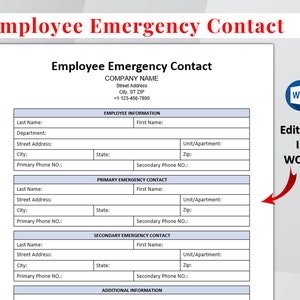 Employee Emergency Contacts Form Printable. Employee Emergency Contact Information for small business Editable. PDF/Microsoft Word.