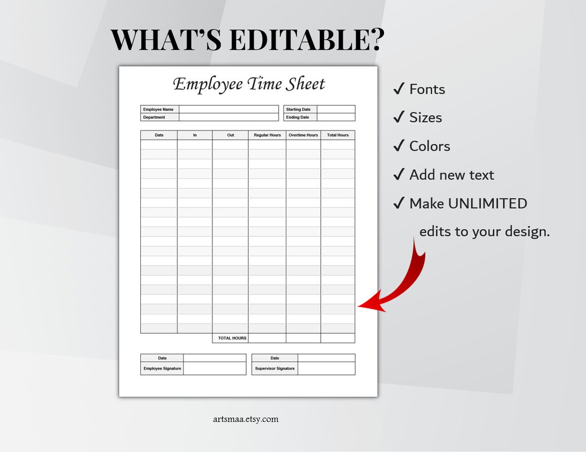 Employee Time Sheet Editable. Timekeeping Sheet. Printable Timesheet