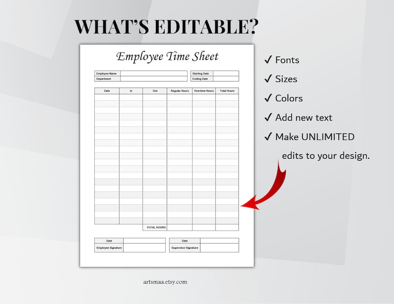 Employee Time Sheet Editable. Timekeeping Sheet. Printable Etsy