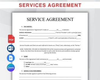 Service  Agreement Contract Template Editable. Printable Service Contract Form. Professional Service Agreement Template. Microsoft Word/PDF.