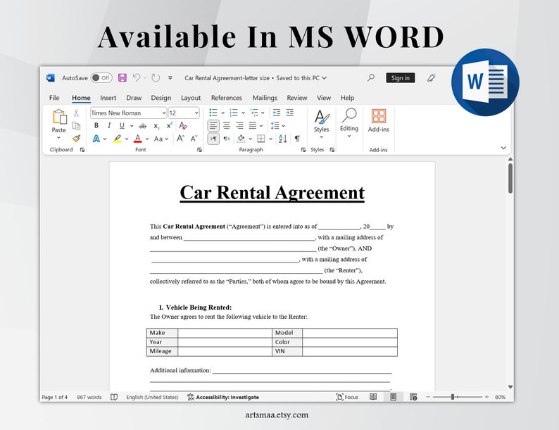 Editable Car Rental Agreement Template, Car Rental Contract, Printable Vehicle Lease Contract, Vehicle Rental Agreement, MS Word 6 PDF Files image 7