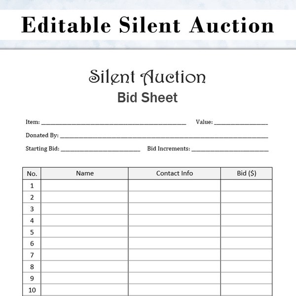 Editable Silent Auction Bid Sheet | Silent Auction Sign up sheet | Sign up sheet | Silent auction bidding sheet | Printable Fundraiser sheet