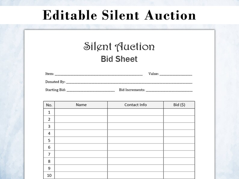 Editable Silent Auction Bid Sheet Silent Auction Sign up Sheet Sign up ...