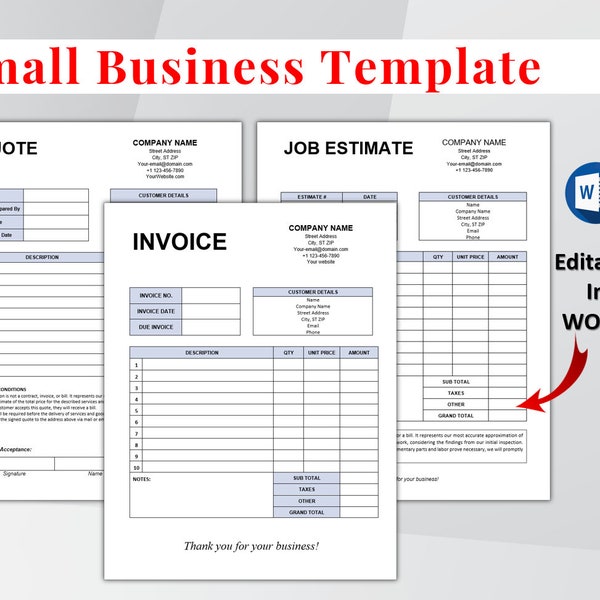 Invoice Template, Job Estimate Template & Quote Template. Editable Microsoft Word Invoice. Small Business Template. Printable Invoice Form.