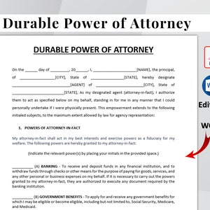 Durable Power of Attorney Template. Editable & Printable Durable Power of Attorney Form. POA Form. Instant Download. image 1