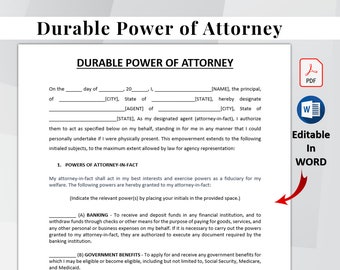 Durable Power of Attorney Template. Editable & Printable Durable Power of Attorney Form. POA Form. Instant Download.