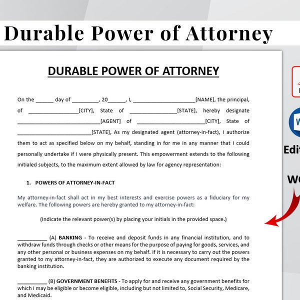 Durable Power of Attorney Template. Editable & Printable Durable Power of Attorney Form. POA Form. Instant Download.