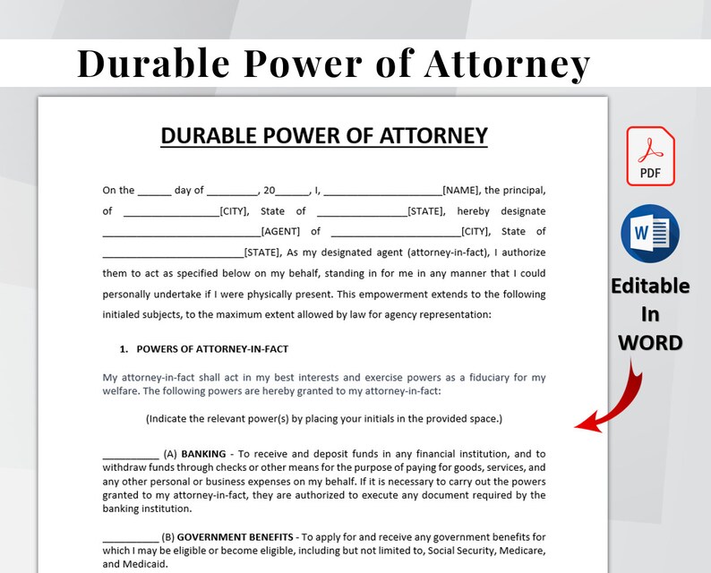 Durable Power of Attorney Template. Editable & Printable Durable Power of Attorney Form. POA Form. Instant Download. image 1