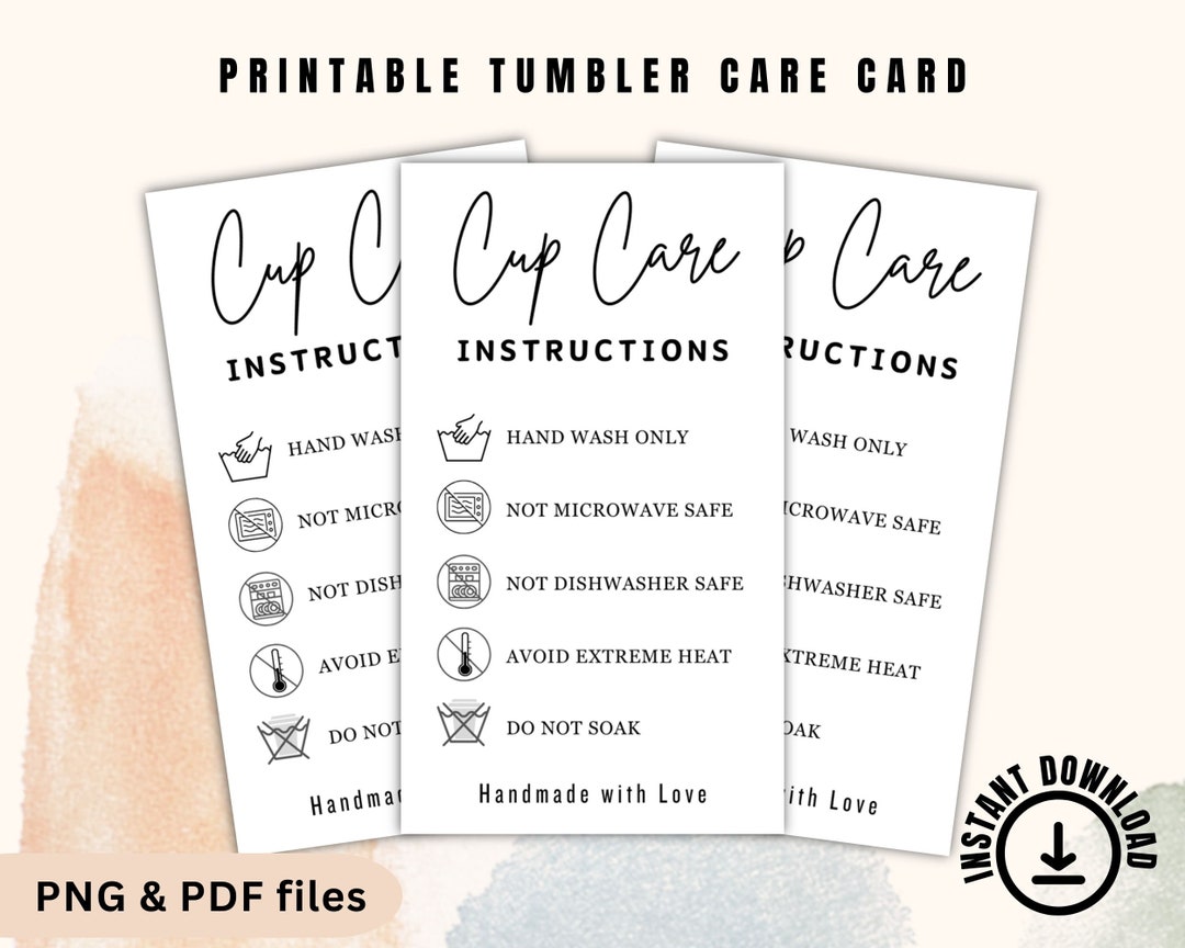 Tumbler Cup Care Instructions Card. Printable Washing Instructions. Mug