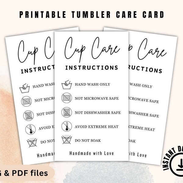 Tumbler Cup Care Instructions Card. Printable Washing Instructions. Mug Small Business Supplies. Tumbler Packaging Insert. Ready To Print