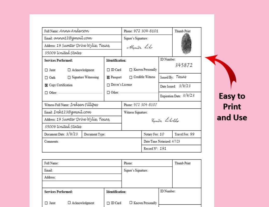 Printable Notary Journal. Notary Log Book. Notary Public Journal to Record Notarial Acts. Notary