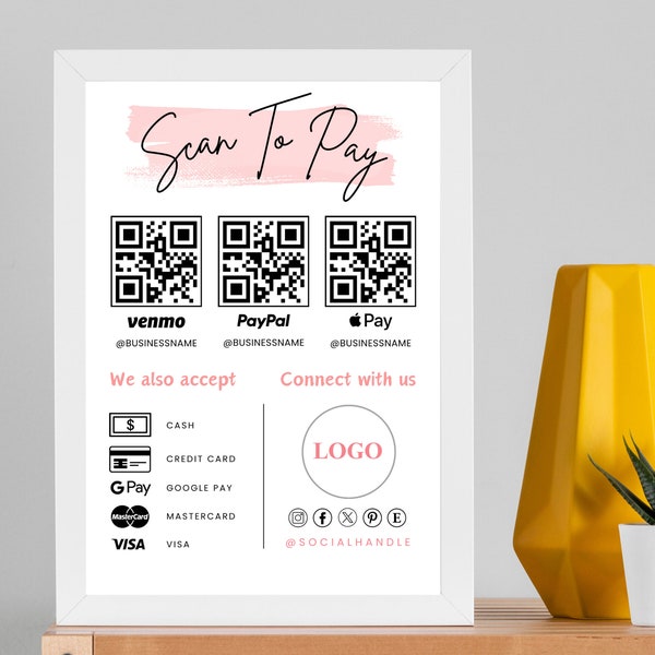 Editable QR Code Sign. Scan to Pay Template. Printable Payment Sign. Scan To Pay Sign. Scan To Paypal, Venmo, CashApp Canva Instant Download