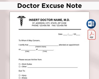 Note d'excuse modifiable du médecin pour le travail. Modèle de note imprimable pour les médecins. Formulaire de lettre d'excuse du médecin. Note d'excuse de l'école. Drs Note PDF et Word.