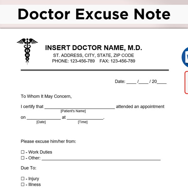 Editable Doctor Excuse Note for Work. Printable Doctors Note Template. Doctor Excuse Letter Form. School Excuse Note. Drs Note PDF & Word.